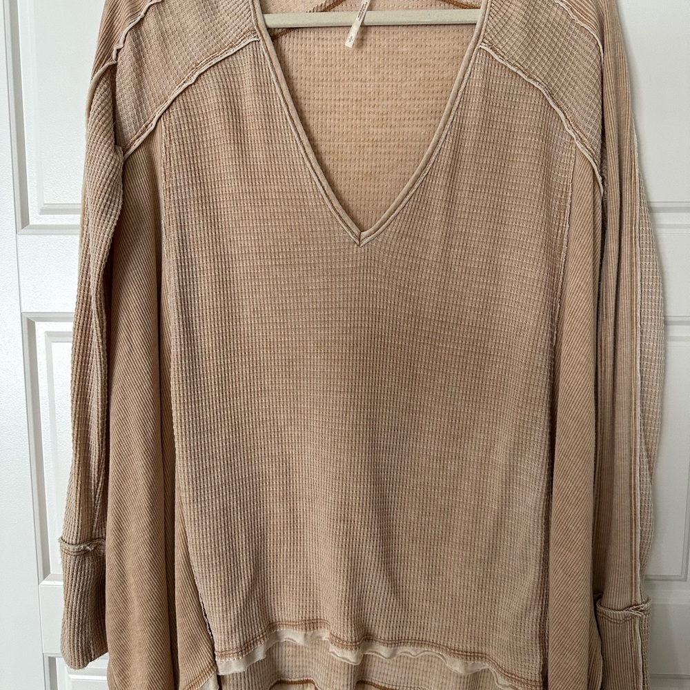 FREE PEOPLE Thermal Waffle Knit Long Sleeve V Neck Top Size S